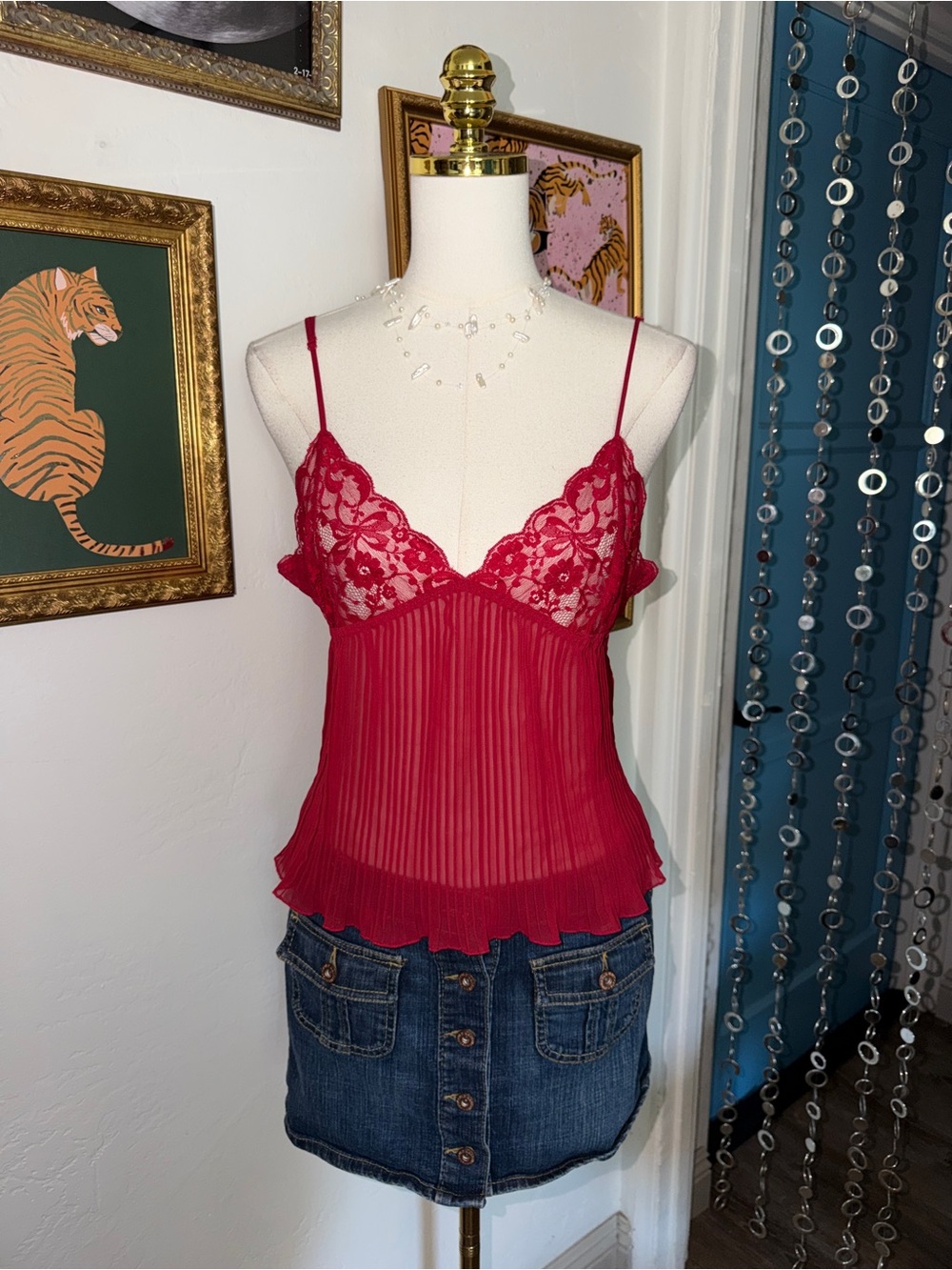 Vintage Y2K Red Lace & Pleated Cami Top